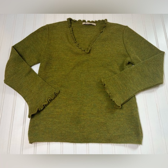 Origin Alpaca Sweater 100% Alpaca Women Ruffle Trim Medium Green. 268 - Picture 1 of 3